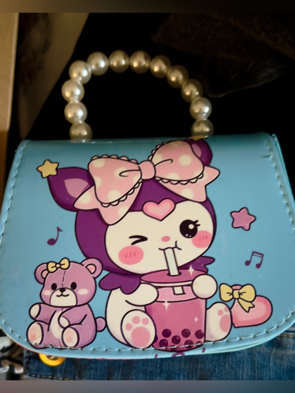 Kids Kuromi Cute Pearl-Handle Purse - Light Blue & Purple. Mini bag